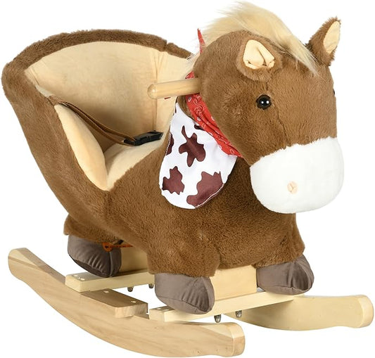 Qaba Baby Rocking Horse, Riding Horse, Plush Animal Rocker with Realistic Sound, Pedals for Ages 18-36 Months, Brown