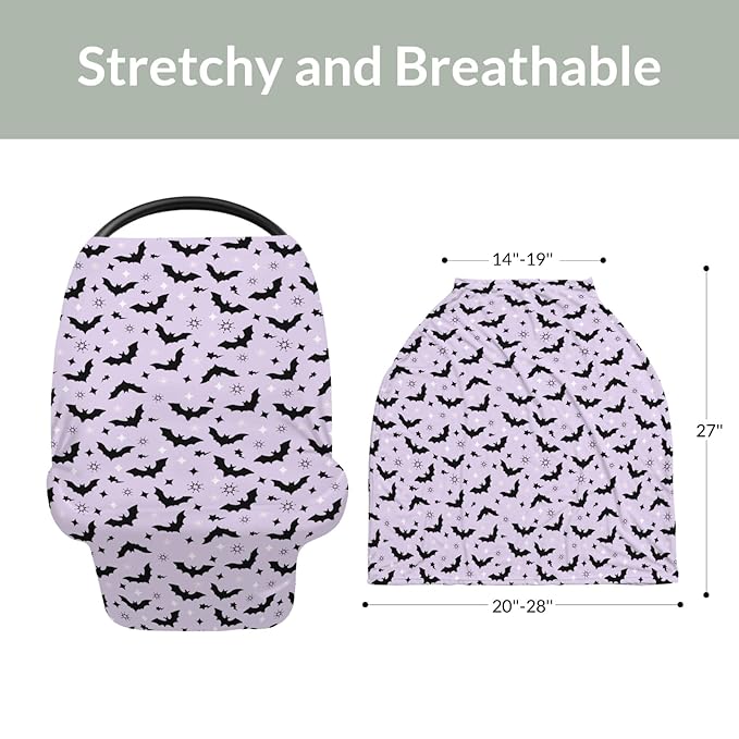 Purple Pastel Halloween Baby Car Seat Covers Black Bat and Stars Stretchy 5-in-1 Cover Adjustable Infant Carseat Canopy Cover Spooky Halloween Night Breathable Nursing Cover-Up