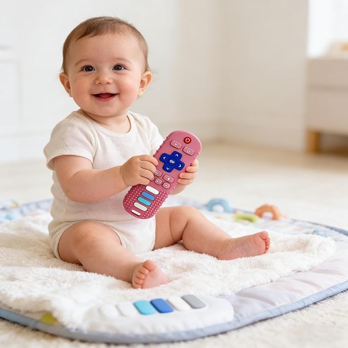 Baby Teether Toy,TV Remote Control Shape Teething Relief Chew Toy for Infants 0-12 Months,Baby Girl Toys & Baby Gift BPA Free,Pink