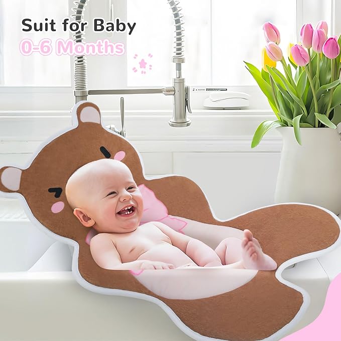 Baby Bath Pad - Original Washer-Safe Bear Seat for Newborns to Toddlers (0-6 Months+), Non-Slip Bathtub Mat, Essential Brown Bath Accessory