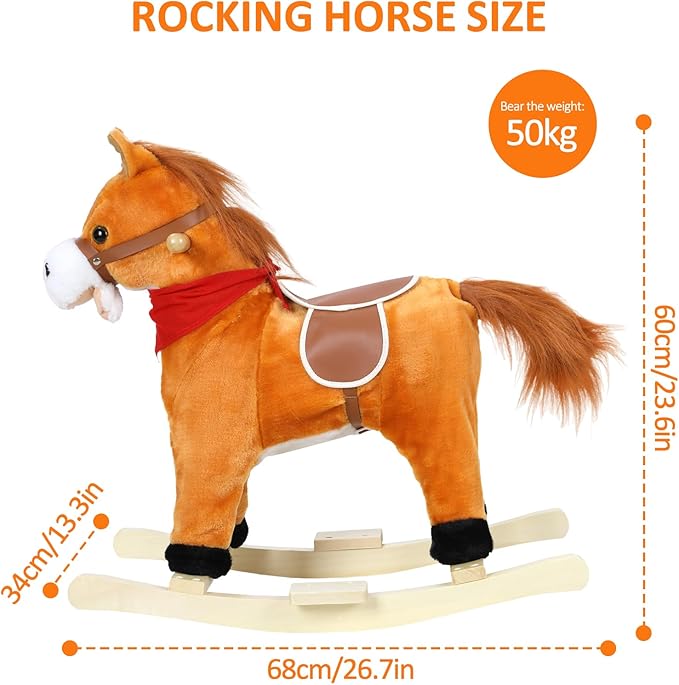 Rocking Horse for Toddlers Ages 1-6, Plush Ride On Toy with Sounds Moving Mouth & Wagging Tail, Interactive Wooden Rocker for Kids, Baby Rocking Chair Toys up to 120kg (Light Brown Small)
