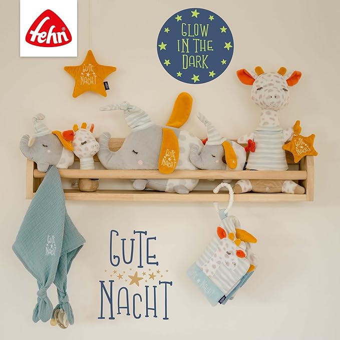 Fehn 053111 Ring Grasping Toy Elephant - Motor Skills Toy with Rattle &"Glow-in-The-Dark" Embroidery - Faithful Companion for Babies and Toddlers from 0+ Months