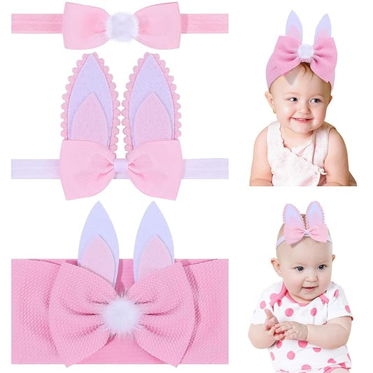 Easter Bows for Baby Girls, 3pcs Rabbit Ears Baby Headbands Pink Elastic Newborn Infant Bow Toddler Headband for Girls Hair Accessories Pink Bunny