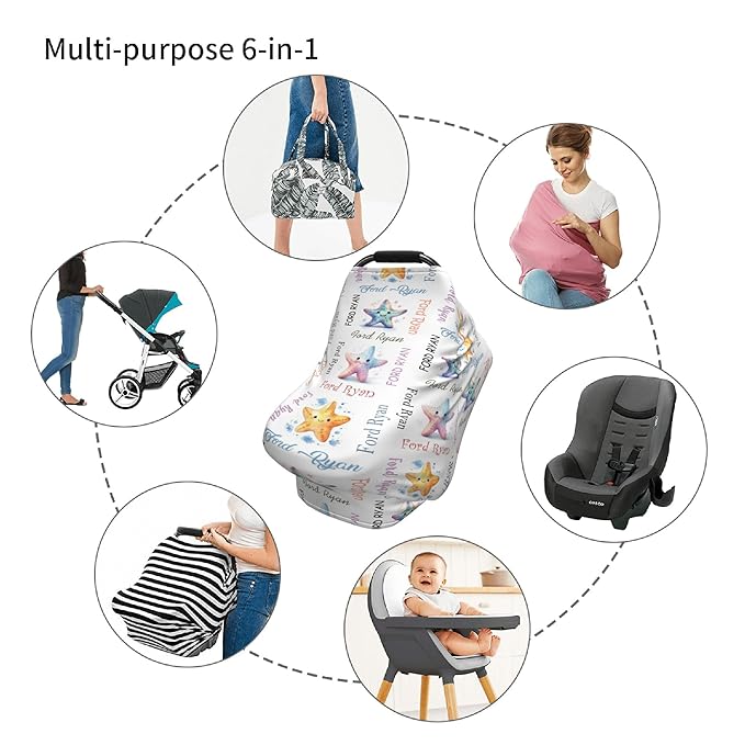 Personalized Baby Car Seat Cover with Name Stroller Canopy Custom Starfish Carseat Cover Newborn Baby Boy Girl Nursing Cover for Moms First Birthday Gift