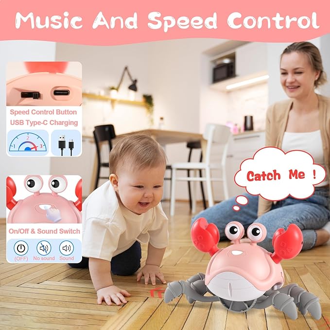 Gigilli Crawling Crab Baby Girl Toys, Tummy Time Baby Toys 6-12-18 Month, Infant Learning Crawl Walking Dancing Crab with Music&Speed Control for 3 4 5 6+ Girls Year Easter Birthday 1 2 3 Gifts