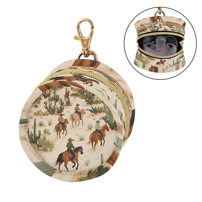 Pacifier Holder with Clip Pacifier Case for Diaper Bag Round Baby Pacifier Pouch Box Bag Portable Cowboys Horses Cactus Desert Beige