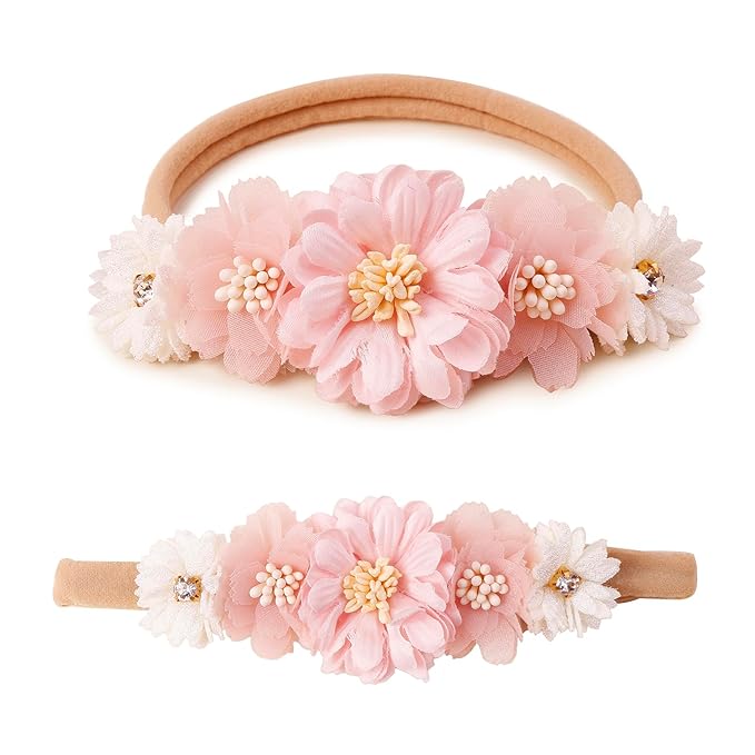 Baby Girl Flower Headbands and Bows, Stretchy Soft Nylon Floral Crown, 3pcs Handmade Hair Accessories for Newborn Infant Toddler