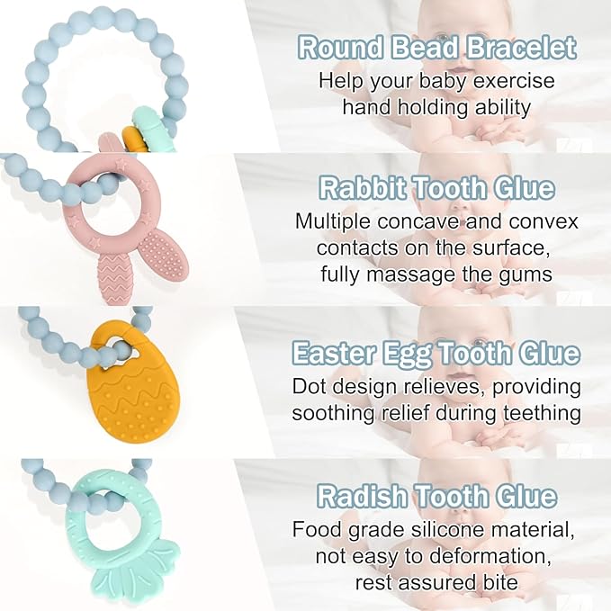 Easter Silicone Teething Toys, 3 Months+, Infant Baby Easter Basket Stuffers for Babies, Baby's Easter Egg Rabbit Carrot Teether Toy, Easter Gift for Girl or Boy (Blue)