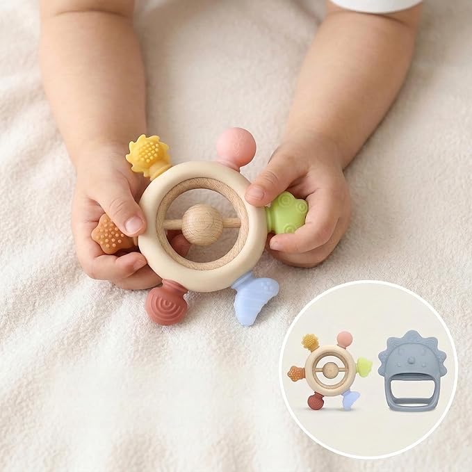 Baby Teething Toys 2 Pack, Dinosaur Mitten Teether and Ring Sun Teether with 6 Chewing Points, Silicone Chew Toys for Infants 0-6 6-12 Months, BPA Free Soothing Gum Relief Set (Blue)