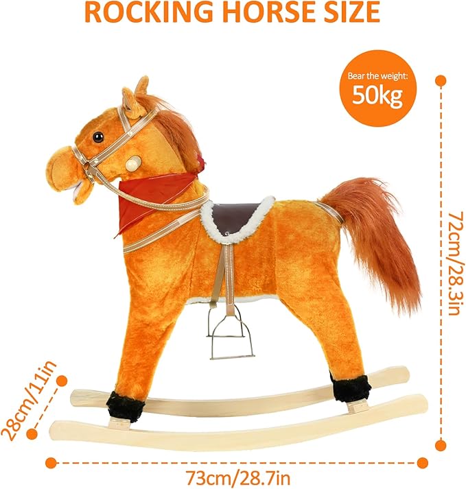 Rocking Horse for Toddlers Ages 1-6, Plush Ride On Toy with Sounds Moving Mouth & Wagging Tail, Interactive Wooden Rocker for Kids, Baby Rocking Chair Toys up to 120kg (Light Brown M)