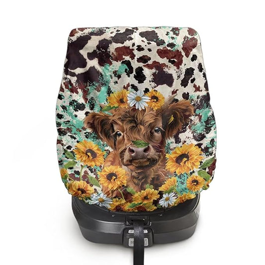 Baby Car Seat Cover Cute Highland Cow Car Seat Sun Shade Cover, Infant Car Seats Heat Protector, Travel Car Seat for Toddlers 1-3, Baby Travel Accessories, Sunflower Daisy Brown