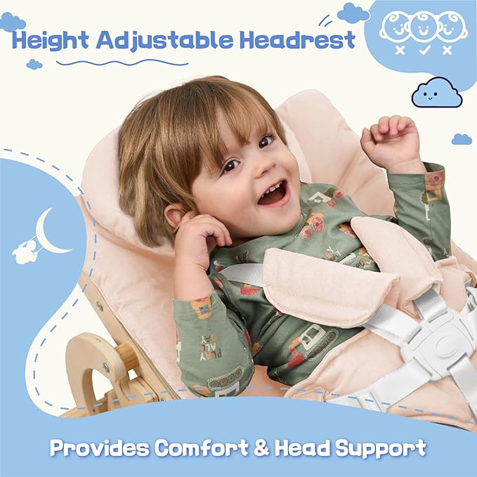 Baby Bouncer,Adjustable Baby Rocker, 3-in-1 Wooden Rocker Chair with 5-Point Harness, Recliner Seat for Infant to Toddlers,Beige