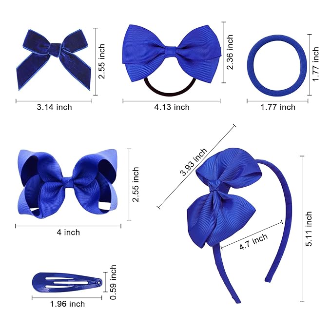 DEEKA Royal Blue 15 Pieces Hair Accessories Set - Uniform Hair Bows, Clips, Headband, Ties for Toddler School Girls