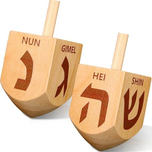 Wonderjune 2 Pcs Hanukkah Dreidels Extra Large Wooden Dreidel for Hanukkah Decoration with English Transliteration, Forever Spinning Tops Party Favors(Simple)