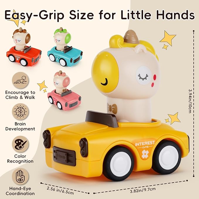 Press and Go Car Toy for Toddler 1-3,Friction Powered Animal Push Car,No Batteries Needed,BPA-Free, Easy to Clean,Indoor Outdoor Toy for 6-9-12-18 Month,Birthday Gift for 1-2 Year Old Boy Girl