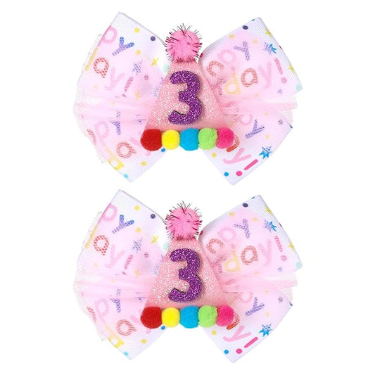 2Pcs Birthday Hair Bow for Baby Girls 1 2 3 4 5 6 Years, Pink Confetti Ice Cream Party Decorations, Sparkling Bows Hair Accessories for 3rd Birthday