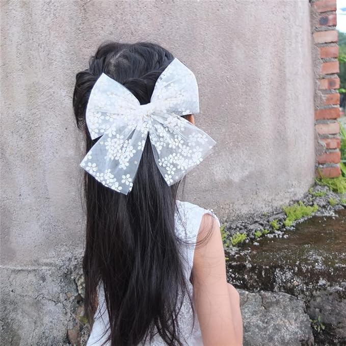 Large Tulle Bow Hair Clips for Baby Girls - Lace Hair Bow Women Cottagecore Lightweight Gauze Hair Barrettes Accessories (Black and White Gold Foil)
