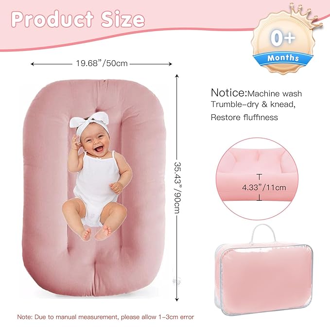 Baby Lounger 0-18 Months, Baby Lounger for Newborn, Soft Organic Cotton Breathable Lounger for Infants (Pink Baby Lounger)