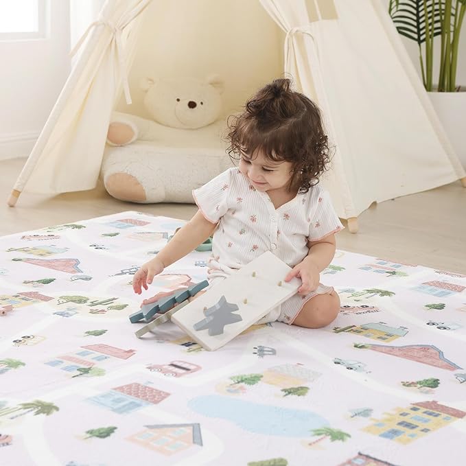 1.3" Thick Educational Baby Floor Play Mat 50x 50, Basic Padded Memory Foam Mat, Non-Slip Plush Playmat for Nursery Playroom Classroom (Community)