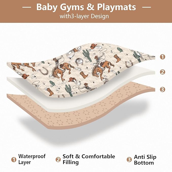 Baby Play Mat Cactus Cowboy Horse Plant 50" X 50" Play Gym Crawling Mat Soft Non-Slip Portable Picnic Floor Mat for Infant, Babies, Toddler, Kids