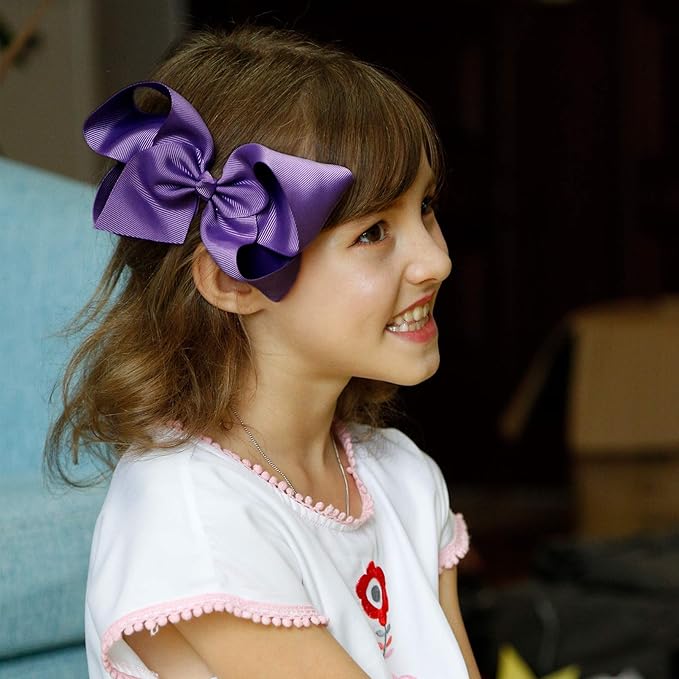 DEEKA 12 PCS 6" Big Hand-made Grosgrain Ribbon Hair Bow Alligator Clips Hair Accessories for Little Teen Toddler Girls - Purple