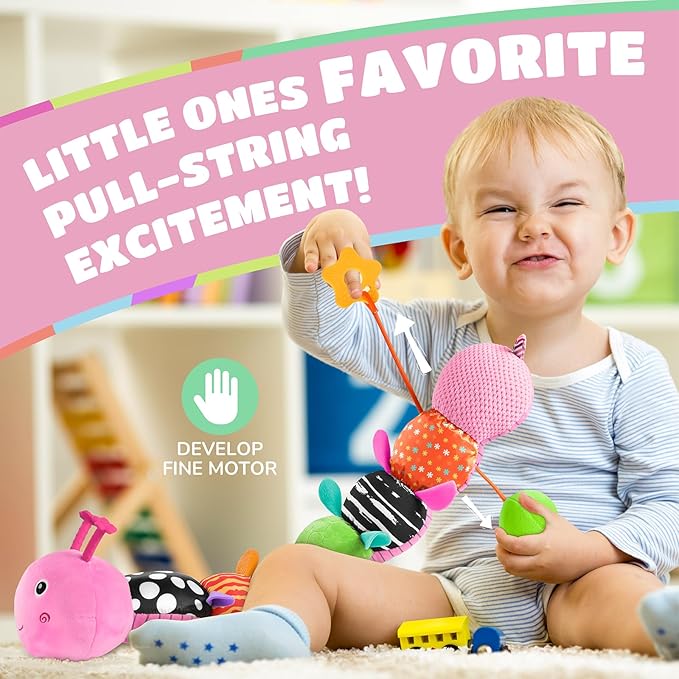AWOTOY Baby Toys 6-12 Months Music Caterpillar Infant Toys Stuffed Animals 0-3-6 Months Teething Tummy Time Sensory Toys with Mirror Rattle&Pull String Boys Girls Birthday Gifts Easter Basket Stuffer