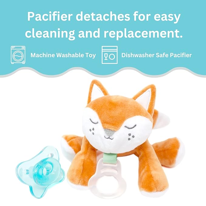 PaciBuddy Fox Pacifier Holder - Plush Toy with Universal Adapter & Detachable Pacifier, Gender Neutral Baby Gift for all Ages - Infant Plush Baby Toy, Versatile Baby Essentials, Binky & Soother