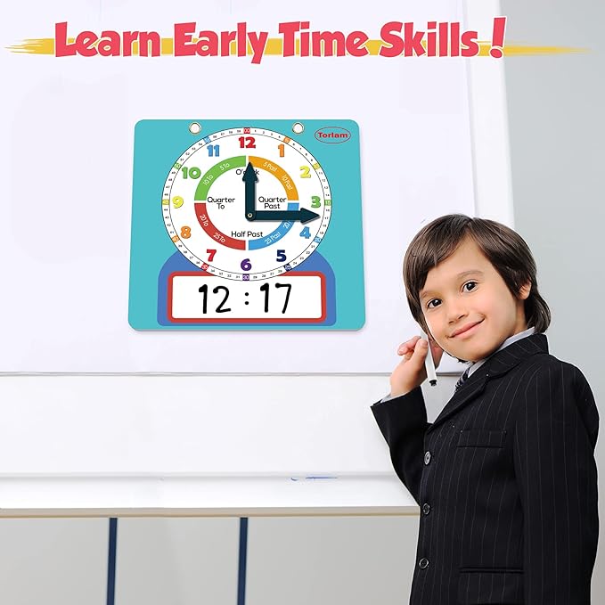 Large Magnetic Dry Erase Learning Clock for Kids Learn to Tell Time,12" Demonstration Teaching Time Practice Clock Analog Clocks with Pen, Classroom Supplies Homeschool Essentials Learning Resources