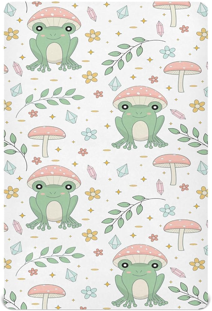 Cute Frog Mushrooms Leaves Fitted Crib Sheets Stretchy Portable Playard Sheets for Baby Toddler, Breathable Soft Mini Crib Mattress 52 x 28 in for Boys and Girls