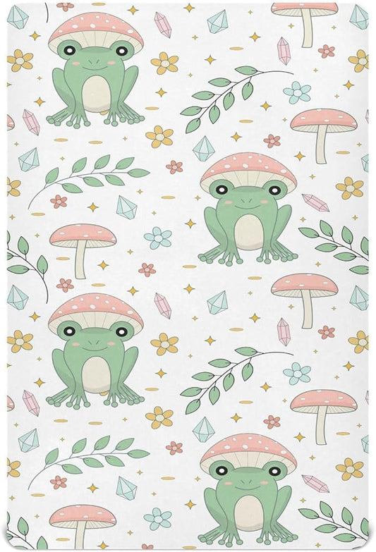 Cute Frog Mushrooms Leaves Fitted Crib Sheets Stretchy Portable Playard Sheets for Baby Toddler, Breathable Soft Mini Crib Mattress 52 x 28 in for Boys and Girls