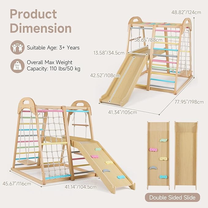 OLAKIDS Indoor Jungle Gym, 8 in 1 Wooden Montessori Toddler Climbing Toys with Adjustable Ramp Swing Slide, Monkey Bar Rope Ladder Waiting Area (Colorful)