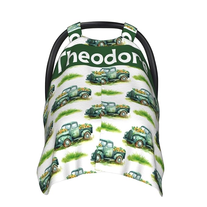 Green Truck Baby Car Seat Cover with Custom Name – Multipurpose Nursing Cover, Stroller Cover, Breastfeeding Privacy Canopy – Soft Breathable Blanket for Boys, Shower Gift