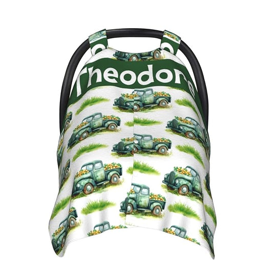 Green Truck Baby Car Seat Cover with Custom Name – Multipurpose Nursing Cover, Stroller Cover, Breastfeeding Privacy Canopy – Soft Breathable Blanket for Boys, Shower Gift