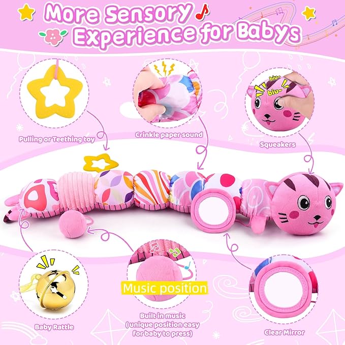 Baby Toys 0-6 6-12 Months, Stuffed Animal Infant Tummy Time Toys Sensory Toys with Crinkle Rattles Textures and Mirror Gifts for Newborn Boys Girls, Baby (Pink)