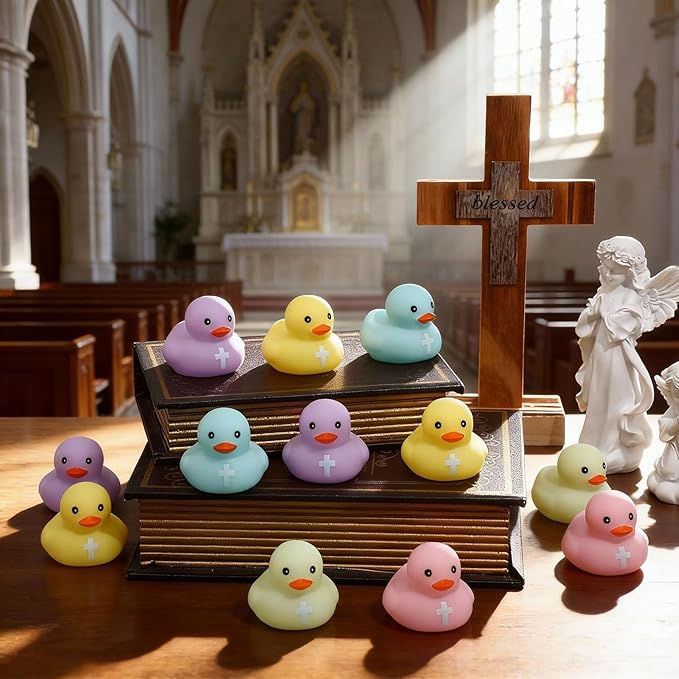 Christian Rubber Duck with Cross Pastel Jesus Duck Baby Bath Toy Religious Party Favors for Church Sunday School Gifts