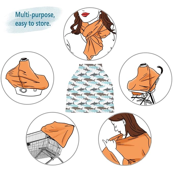 Stretchy Baby Car Seat Covers for Boys Girls Shark Pattern Infant Car Canopy Nursing Cover Breastfeeding Scarf
