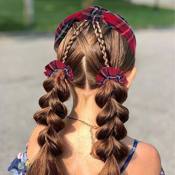 5 Pcs Plaid Headband With Hair Knotted Scrunchies Bow, Padded Holiday Headband, Hair Clips Accessories for Women and Girls (Dark Red)