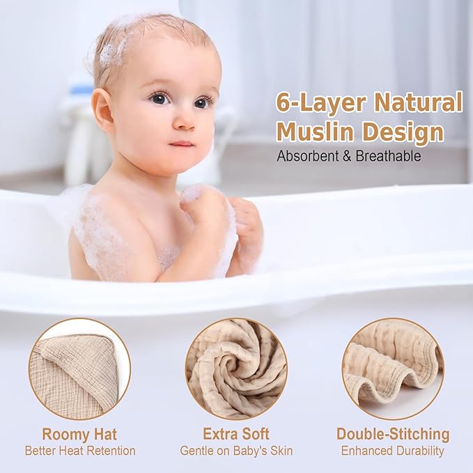 2 Pack Baby Hooded Bath Towel Muslin Cotton 32x32 Inches Brown and Misty Blue Neutral Style Elegant Colors Ultra Soft Absorbent