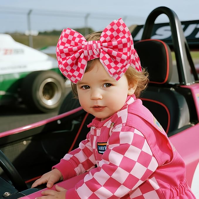 YanJie 2PCS 7’’ Hot Pink Bows for Baby Girls Checkered Headband Double Layered Bow Infants Toddler Hair Accessories Newborn Headbands Baby Clothes