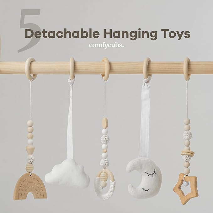 Comfy Cubs Wooden Baby Play Gym - Natural Finish Pinewood Baby Activity Gym with 5 Sensory Hanging Toys - Easy No-Tool Assembly, Safe and Durable for Infant Motor and Visual Development - Natural Wood