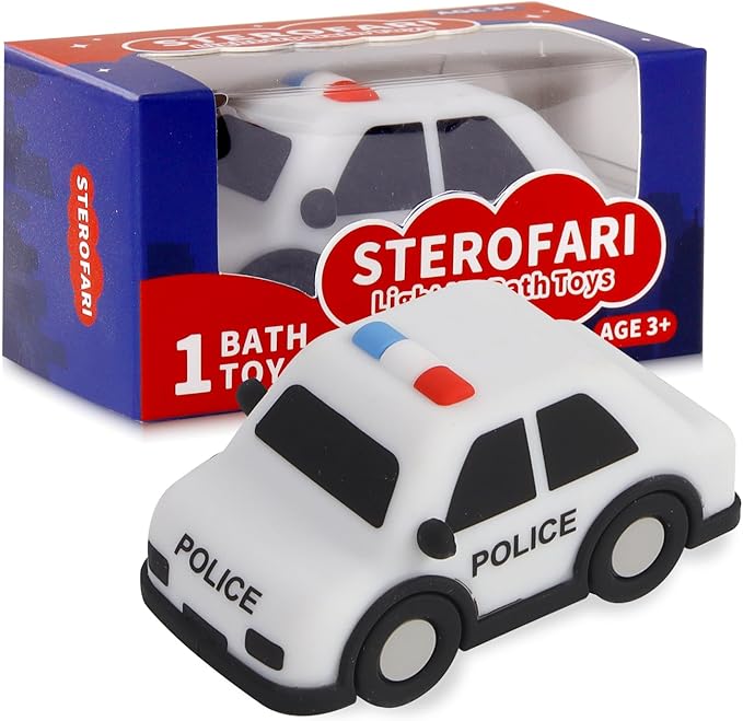 Light Up Bath Toy -Police Car, 100% Food Grade Silicone Bathtub Toys, Shake-Activated Light Up Airplane Toy Flash & Lights Color Change, Soft & Squeezable for Baby&Toddler (1 Pack)