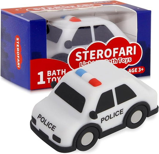 Light Up Bath Toy -Police Car, 100% Food Grade Silicone Bathtub Toys, Shake-Activated Light Up Airplane Toy Flash & Lights Color Change, Soft & Squeezable for Baby&Toddler (1 Pack)