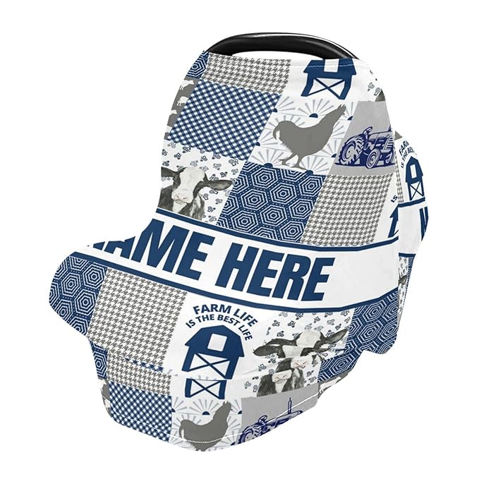 Personalized Cute Cow Blue Baby Car Seat Cover for Babies with Name, Custom Farm Theme Baby Car Seats Canopy for Boys Girls, Nursing Breastfeeding Stroller Covers Infant Car Seat Blanket for Newborn