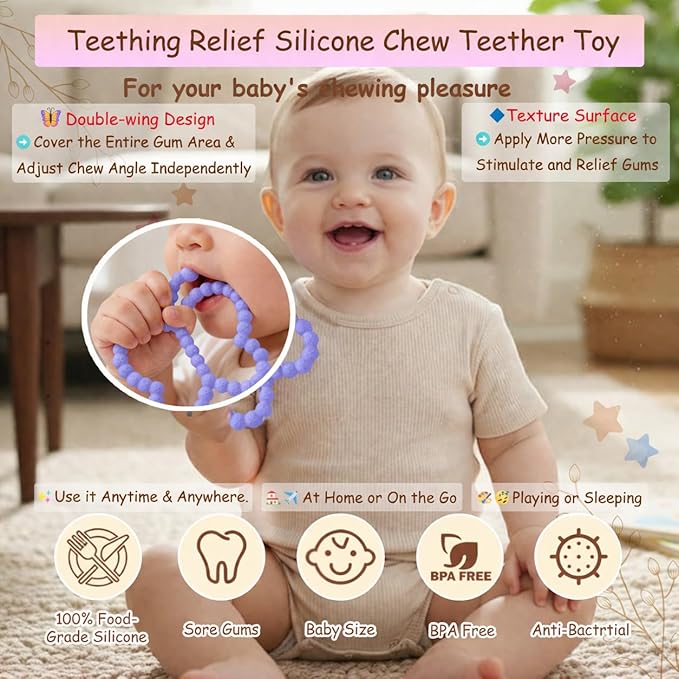2 Pcs Baby Teething Toys Silicone Butterfly Teething Rings Over 3 Months - Baby Essentials Sensory Chew Toys -Baby Teether for Teething Relief -BPA Free Infant Toys Baby Shower Gifts (2, White,Purple)