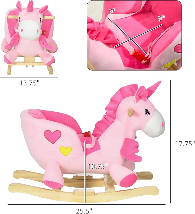 Qaba Baby Rocking Horse, Ride on Unicorn with 32 Songs, Toddler Rocker Toy with Wooden Base Seat Safety Belt for 1.5-3 Year Old, Pink