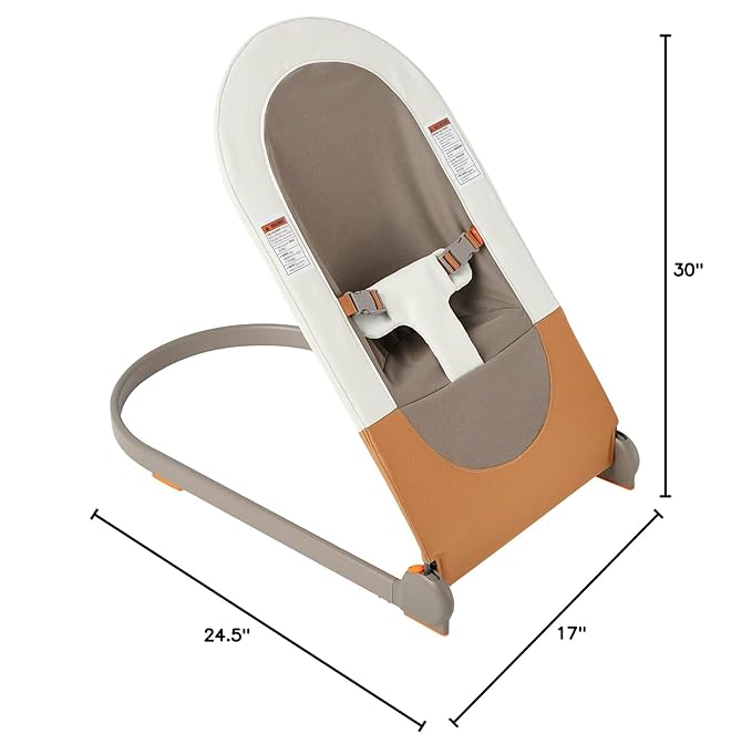 Boon Slant Portable Baby Bouncer - Folding Baby Seat for Infants - Lightweight Portable Baby Chair with Machine Washable Fabric and 3-Point Harness - Tan