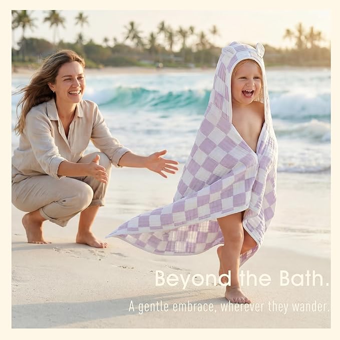 Ultra-Soft Muslin Toddler Hooded Towel - 55 x 28 Inches, Ideal for Bath & Beach, Suitable for Both Boys & Girls from Newborns to Toddlers（Lavender Check）