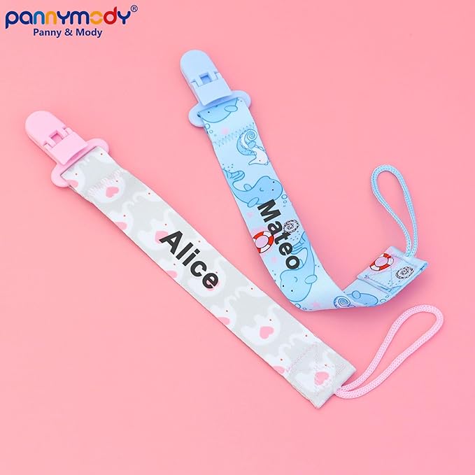 4 Pcs Personalized Dummy Strap Clip, Customized Pacifier Clip Dummy Holder Straps with 4 Silicone Adapter, Soother Chains Clips Fit All, Soothers, Teething Toys, Baby Essentials (Blue)