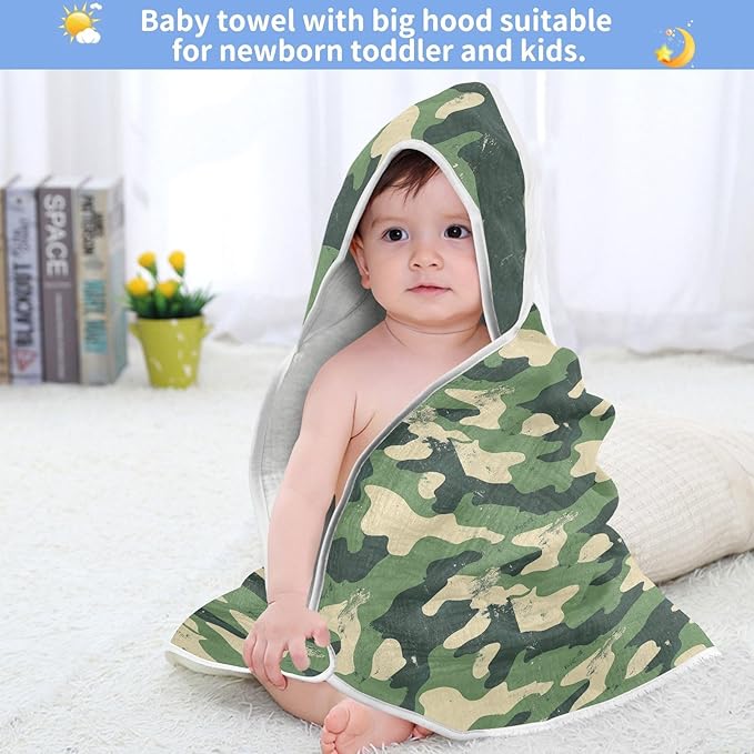 Pigsaly Dark Green Camo Print Hooded Baby Towel Woodland Camouflage Baby Bath Towel Unisex Soft Organic Cotton Washcloths Toddlers Shower Gifts for Boys Girls Newborn 30 x 30 in