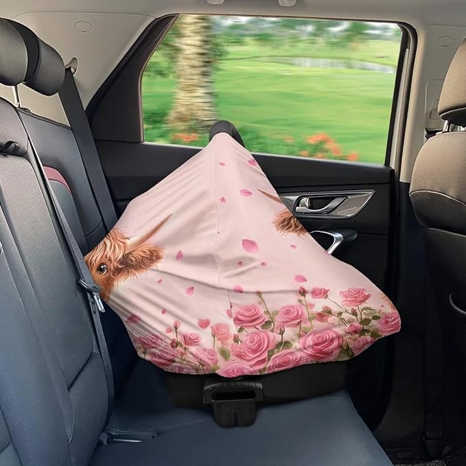 Wanyint Car Seat Covers for Babies Girls Boys, Stretchy Carseat Canopy Soft Baby Breastfeeding Nursing Scarf Infant Stroller Cover for Valentine's Day, Highland Cow Rose Pink